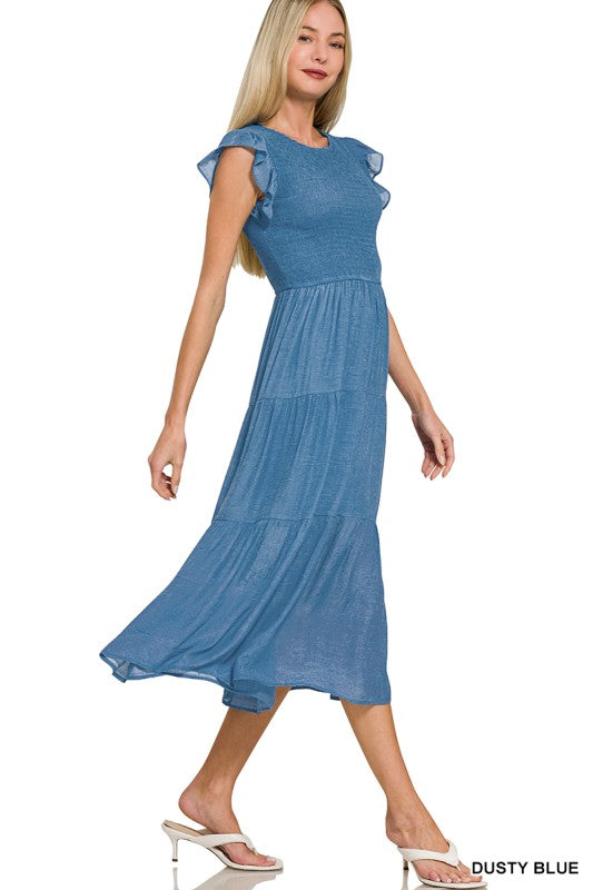 Woven Smocked Ruffles Sleeve Midi Dress