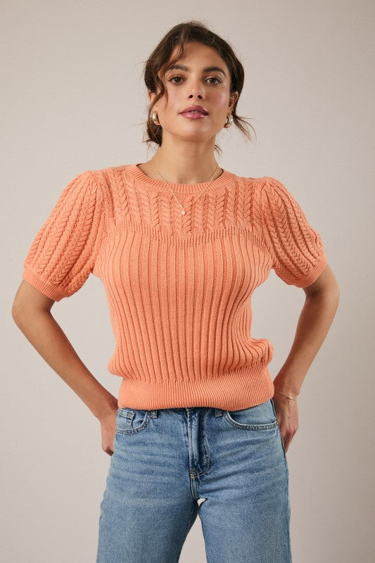 Round Neck Puff Short Sleeve Cable Sweater