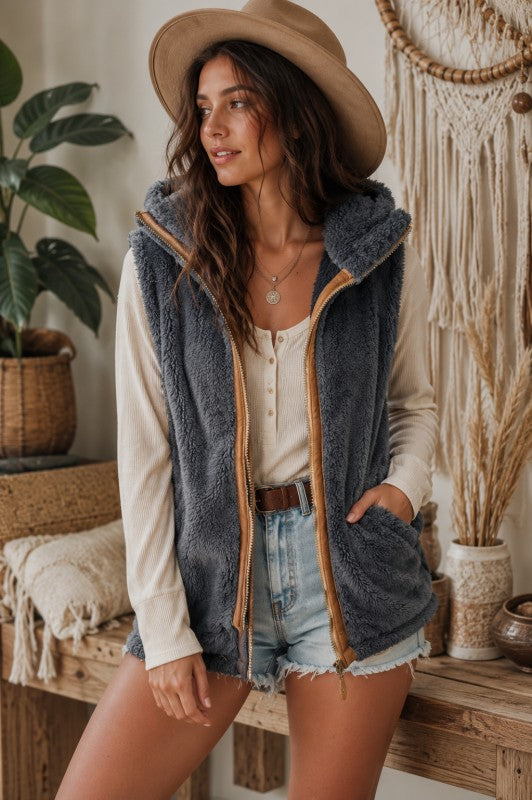 Sherpa Full Zip Vest with Hidden Hood
