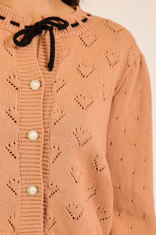 Heart Pointelle Bow-tie Knit Cardigan