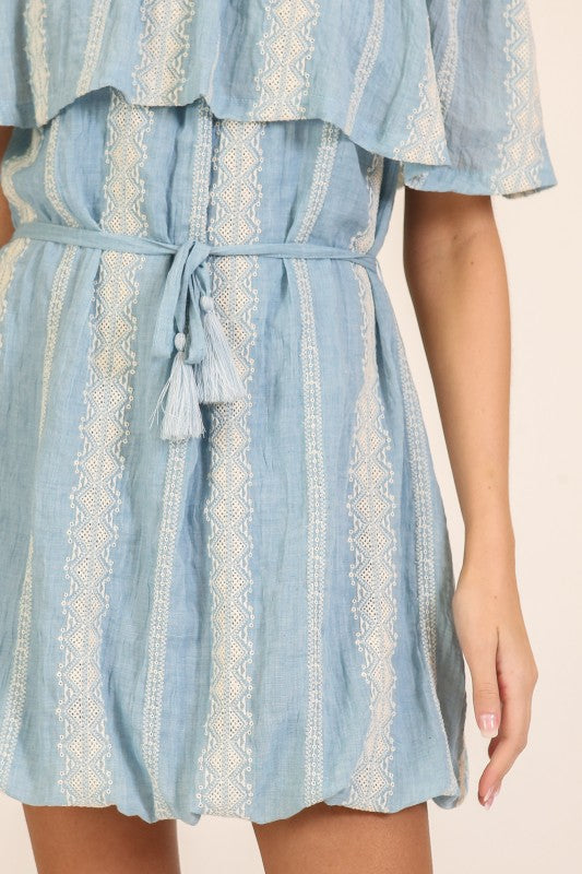 Off-shoulder Embroidered Stripe Mini Dress