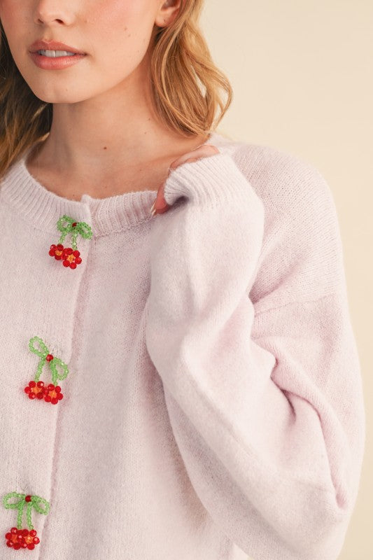 Beaded Bow Floral Button Sweater Cardigan