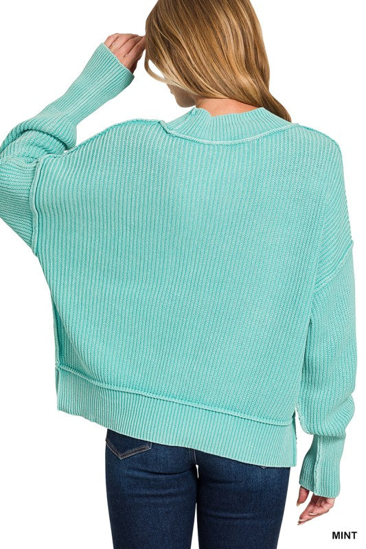 Washed Side Slit Oversized Cropped Sweater