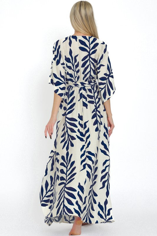 Kimono Sleeve Elastic Waisted Belted Maxi Dress