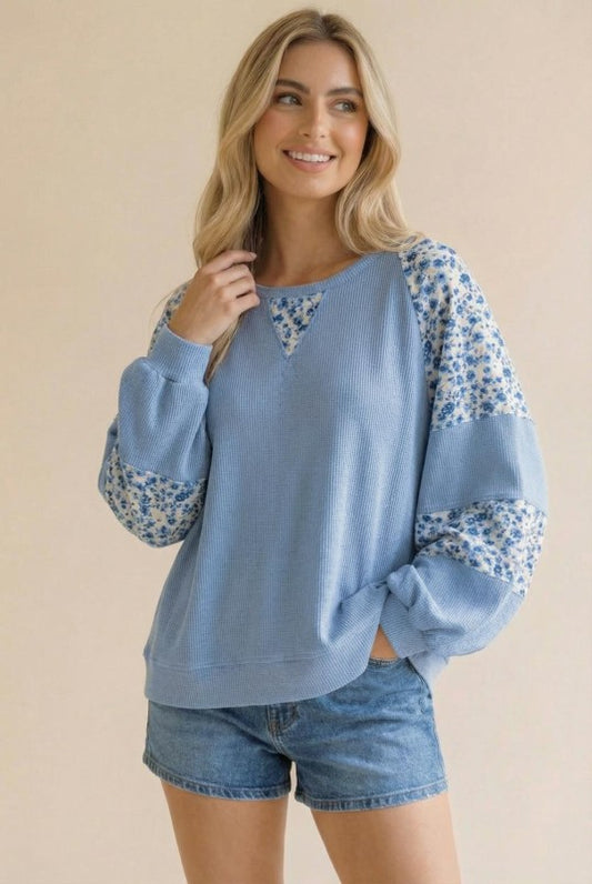 Thermal Floral Woven Loose Dit Pullover Top