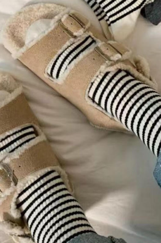 Contrast Trim Striped Knit Cotton Socks
