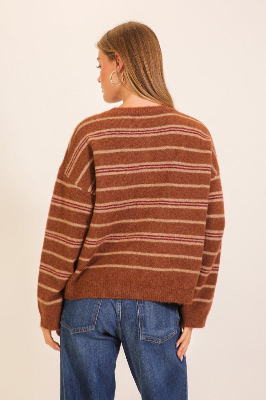 Fuzzy Striped Rhinestone-button Henley Sweater