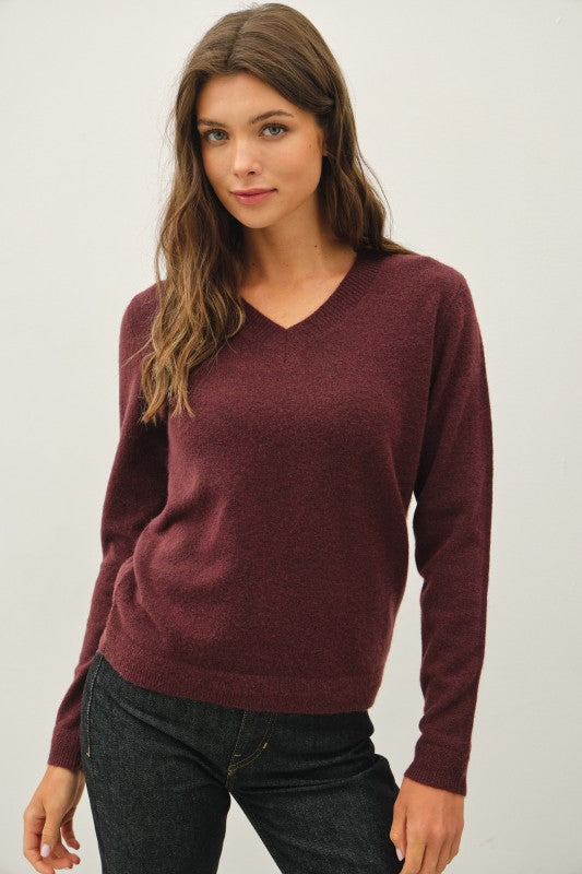 Wool Touch Cuff Pointed V-Neck Sweater