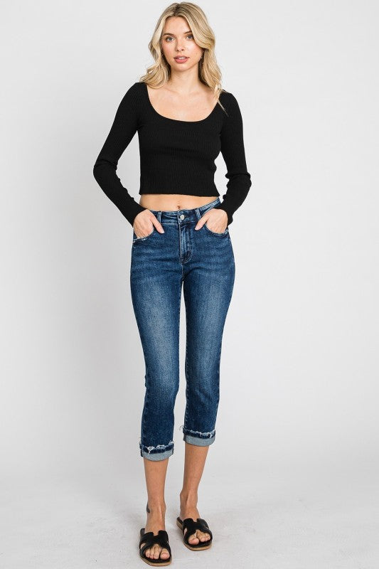 PETRA153 Mid Rise Skinny Capri W/Cuffed Hem Jeans