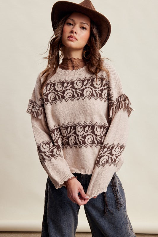 Western Fringe Pattern Knit Sweater
