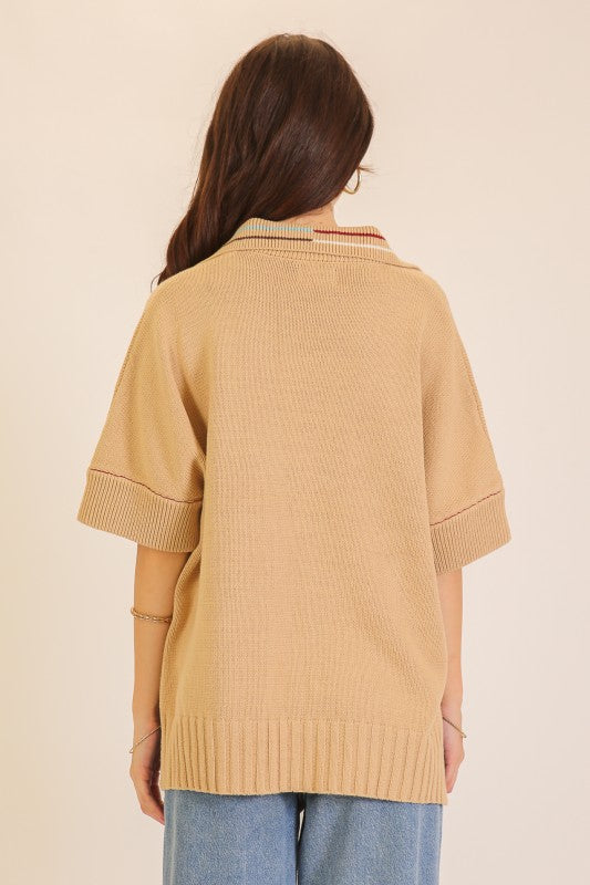 Collared V-Neck Knit Polo Sweater Top