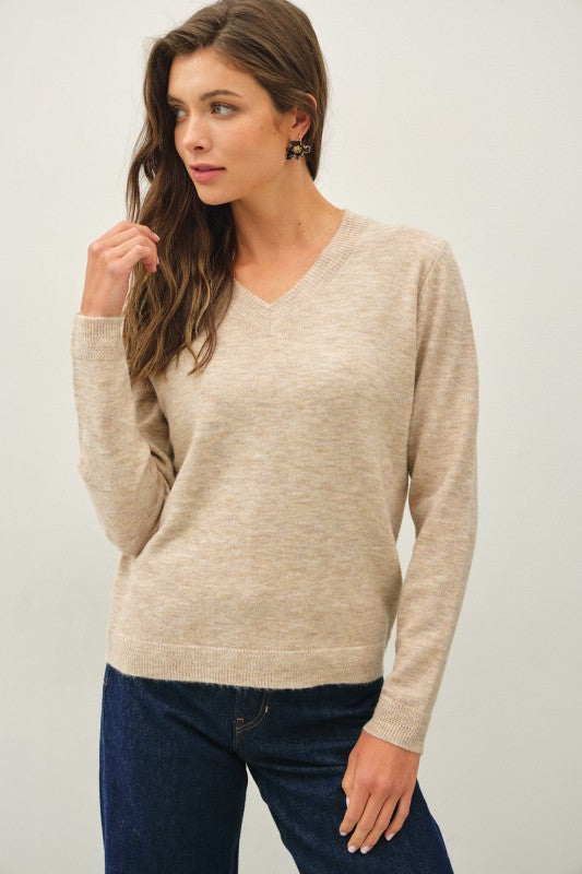 Wool Touch Cuff Pointed V-Neck Sweater