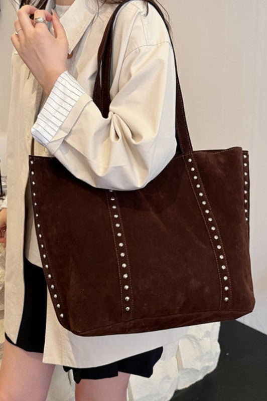 Suede Rivet Decor Large Capacity Tote Shoulder Bag