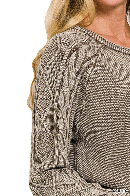 Stone Washed Cable-sleeve Crewneck Sweater