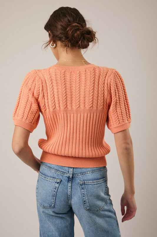 Round Neck Puff Short Sleeve Cable Sweater