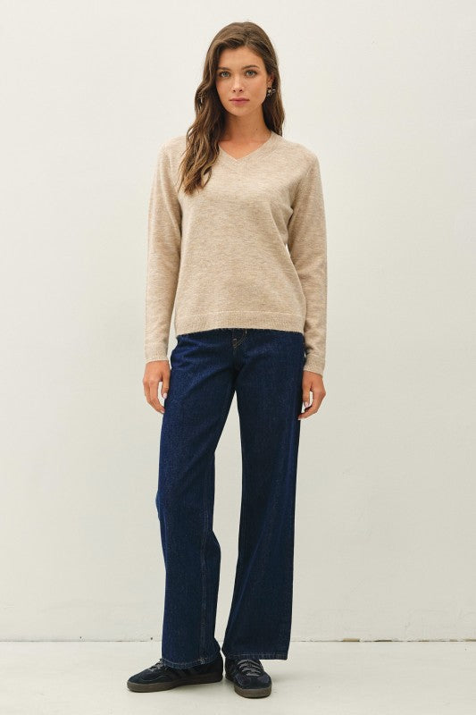Wool Touch Cuff Pointed V-Neck Sweater