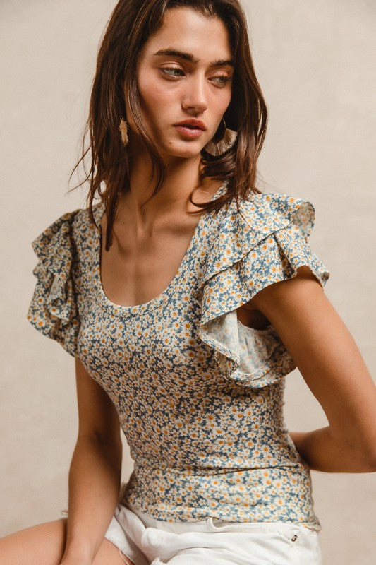 Floral Print Ruffle Sleeves Knit Top