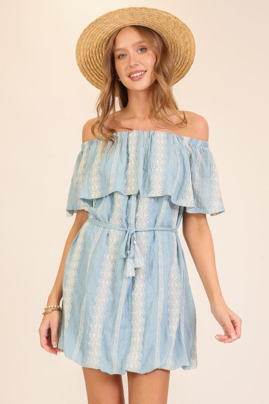 Off-shoulder Embroidered Stripe Mini Dress