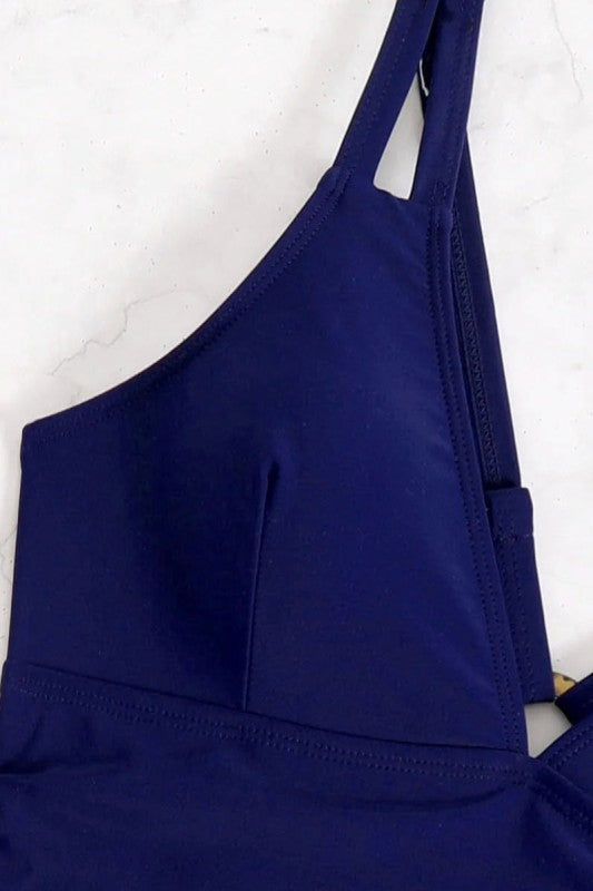 Navy Blue Ruched V Neck One Piece Swimsuit