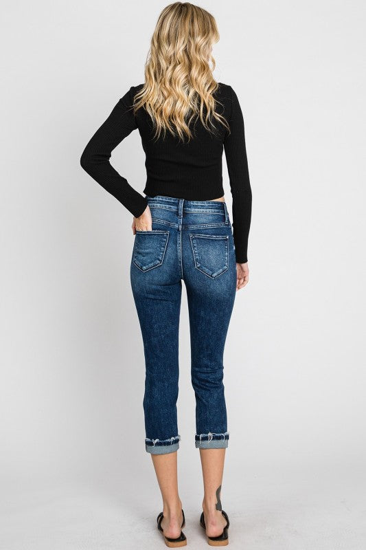 PETRA153 Mid Rise Skinny Capri W/Cuffed Hem Jeans