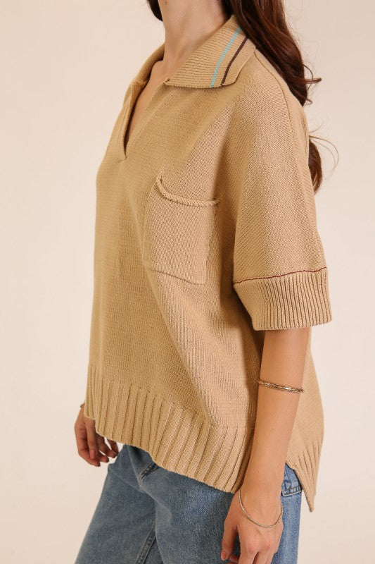 Collared V-Neck Knit Polo Sweater Top
