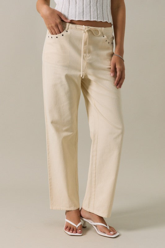 Midi Rise Ties On Waist Eyelet Trim Straight Fit Twill Pants