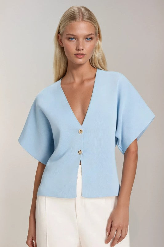 Short Sleeve Fine Knit Cardi With Gold Buttons