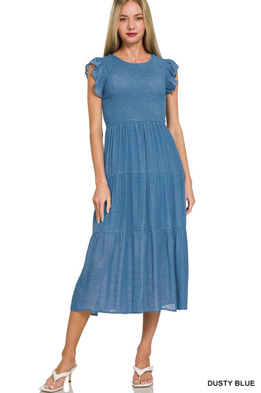 Woven Smocked Ruffles Sleeve Midi Dress