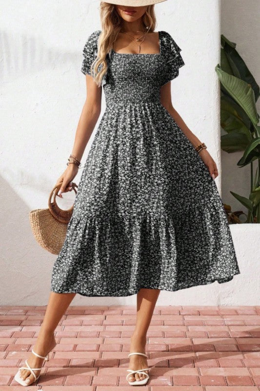 Smocked Square Neck Ruffle Sleeve Floral