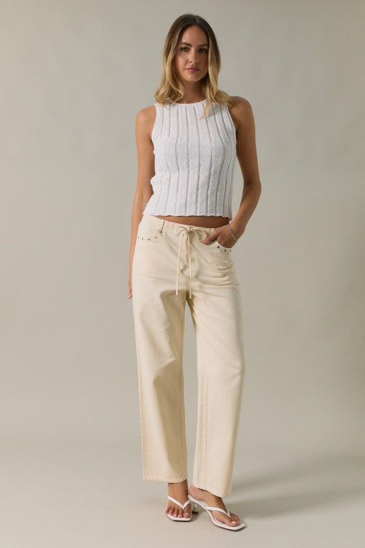 Midi Rise Ties On Waist Eyelet Trim Straight Fit Twill Pants