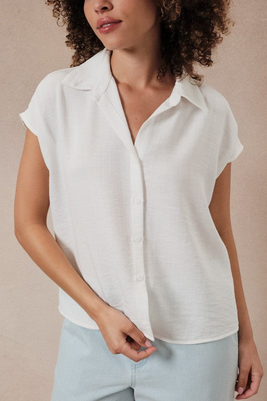 Wide Shoulder Sleeveless Button Down Shirt