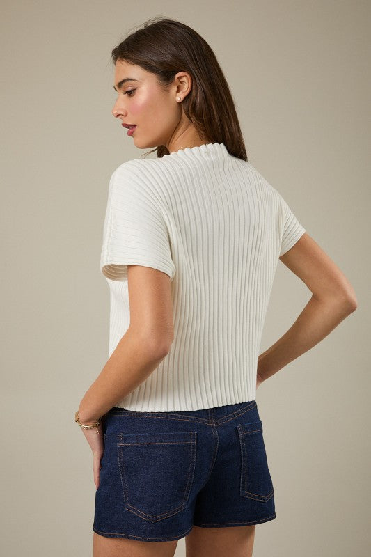 Wide Shoulder Button Down Ribbed Top