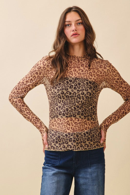 Leopard Thumbhole Sheer Lace Top