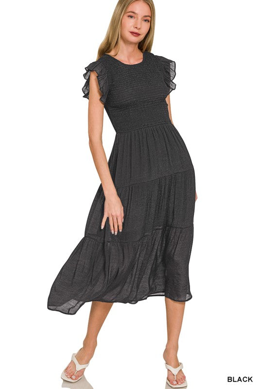 Woven Smocked Ruffle Sleeve Midi Dress
