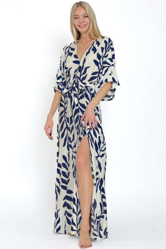 Kimono Sleeve Elastic Waisted Belted Maxi Dress