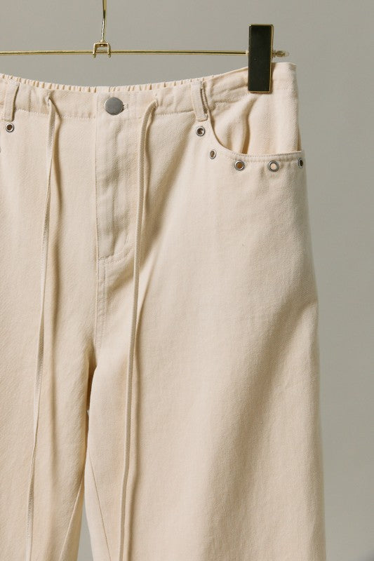 Midi Rise Ties On Waist Eyelet Trim Straight Fit Twill Pants