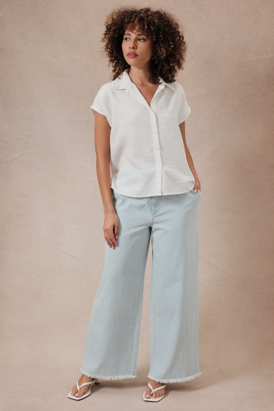 Wide Shoulder Sleeveless Button Down Shirt