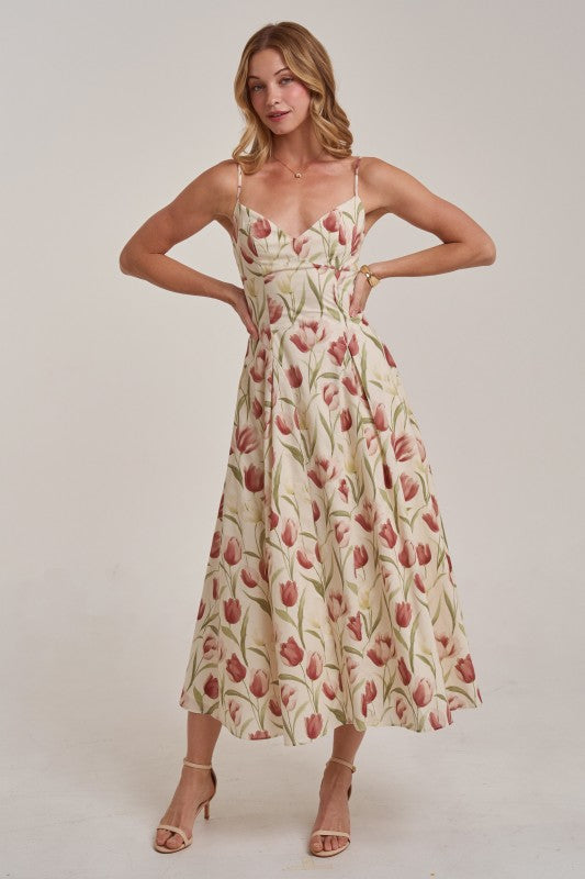 Romantic Tulip Print Midi Dress With Adjustable Strap