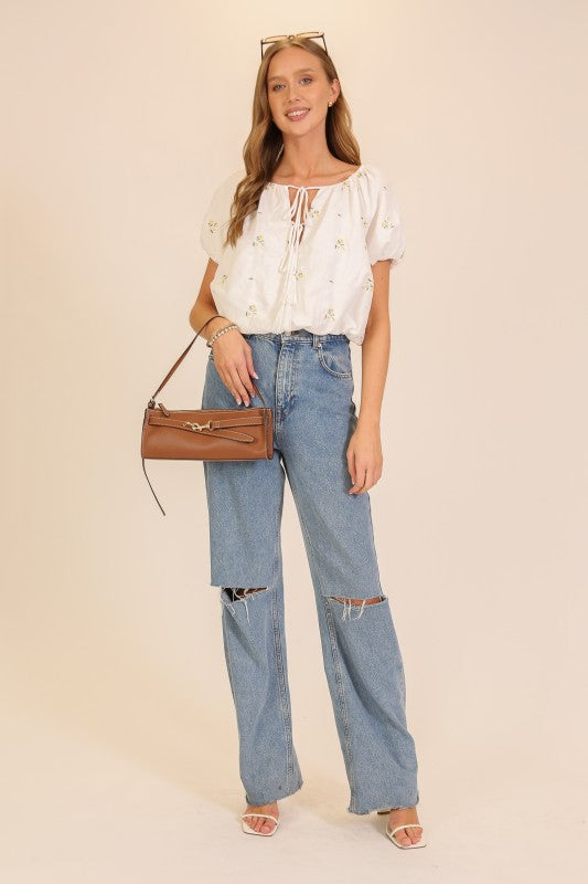 Meadow Bloom Tie-neck Puff Sleeve Top