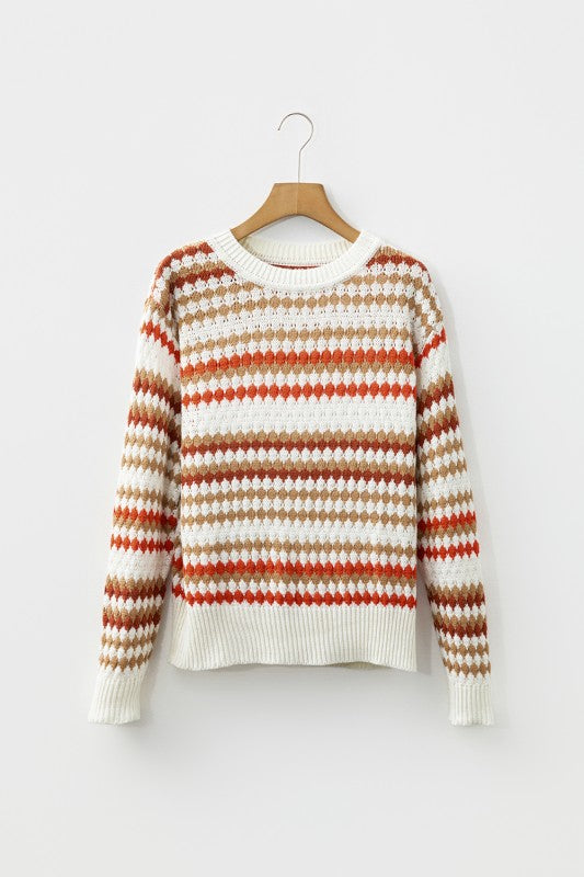 Stripe Eyelet Patterned Drop Shoulder Sweater