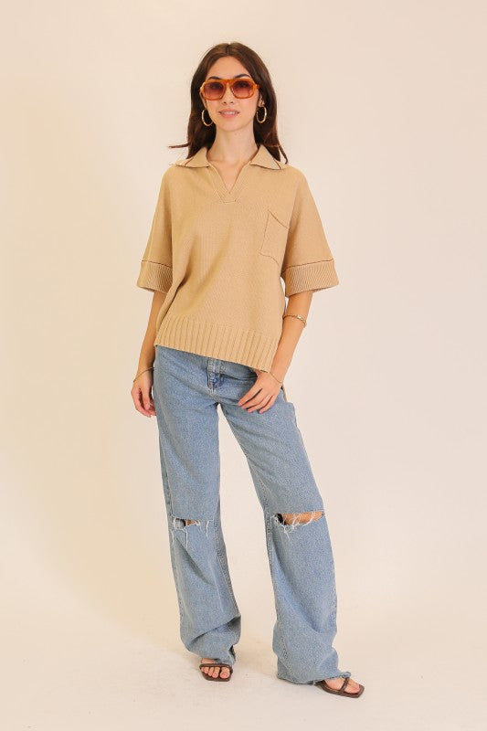 Collared V-Neck Knit Polo Sweater Top