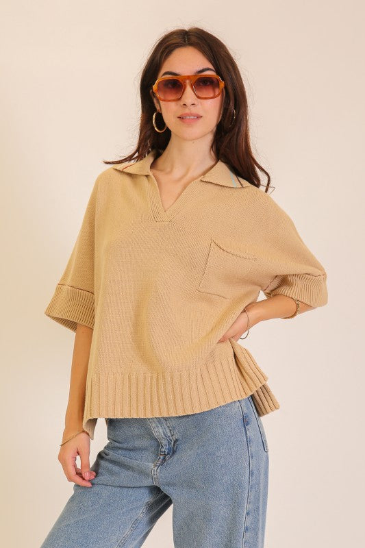 Collared V-Neck Knit Polo Sweater Top