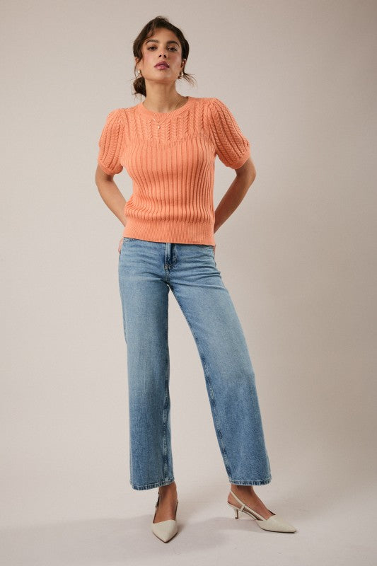 Round Neck Puff Short Sleeve Cable Sweater