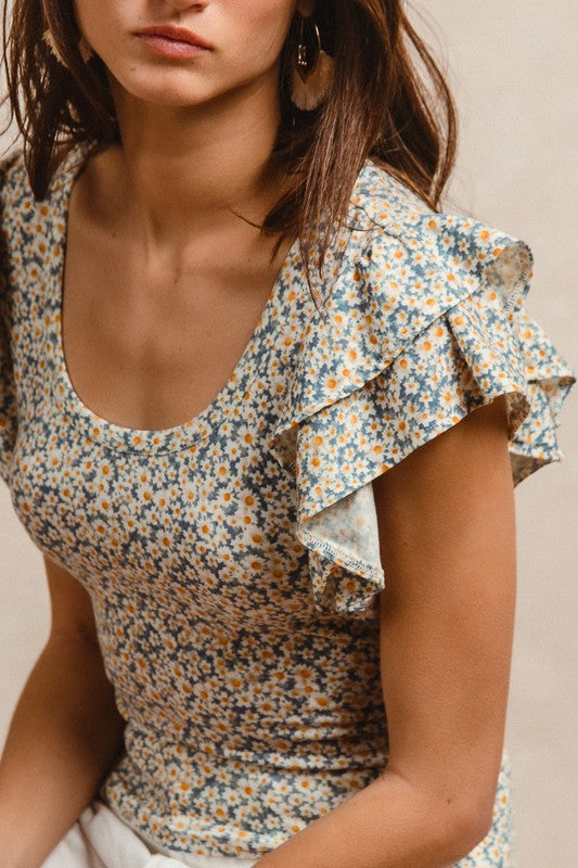 Floral Print Ruffle Sleeves Knit Top