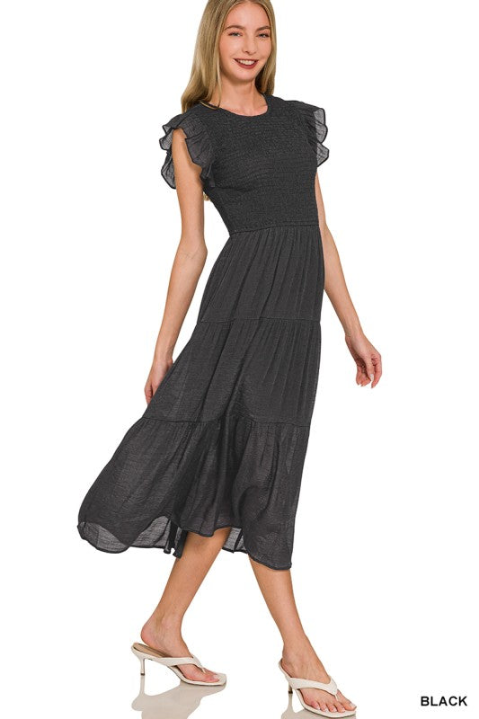 Woven Smocked Ruffle Sleeve Midi Dress
