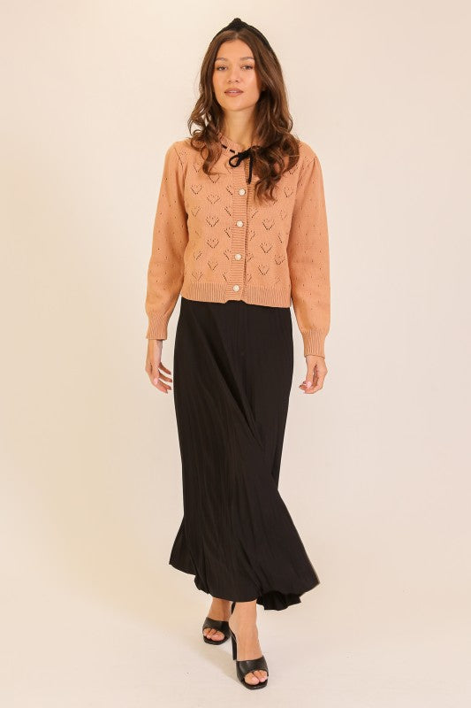 Heart Pointelle Bow-tie Knit Cardigan