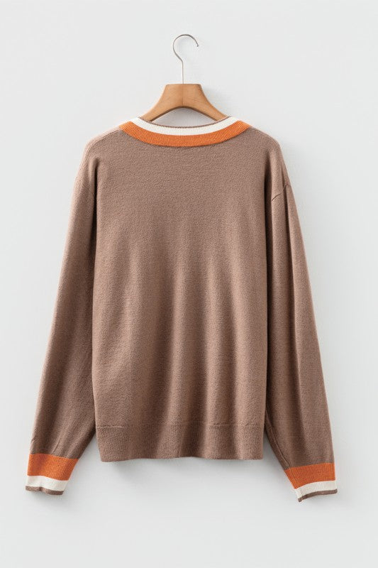 Contrast Striped Trim V Neck Casual Sweater