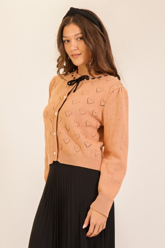 Heart Pointelle Bow-tie Knit Cardigan