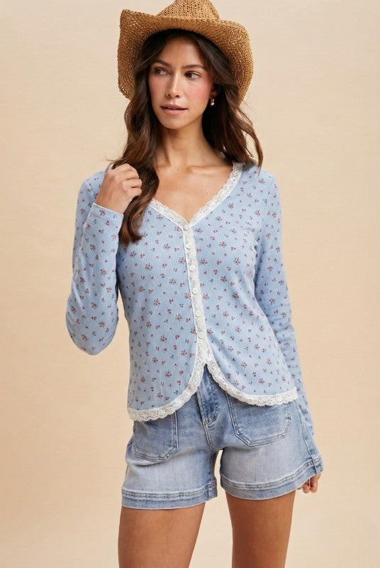 Ditsy Floral Lace Trimmed Button Down Cardigan Top