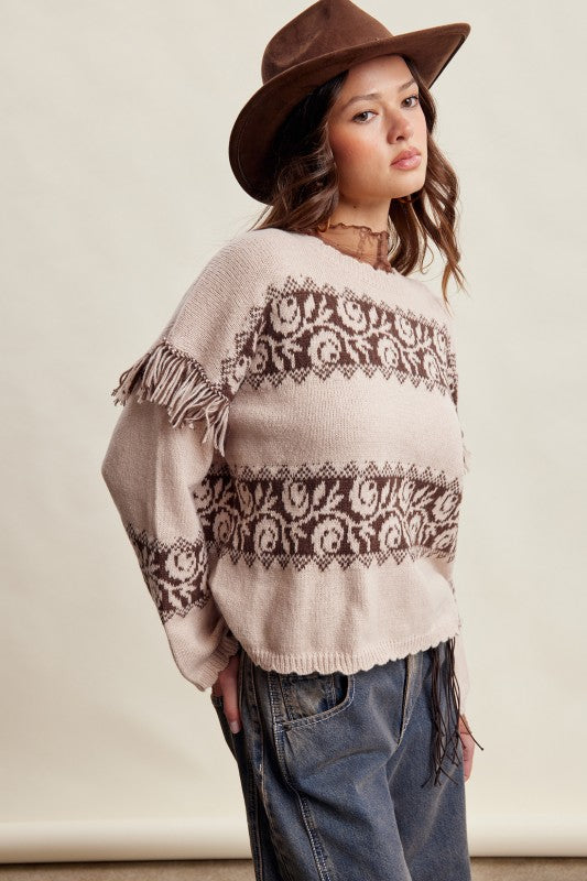 Western Fringe Pattern Knit Sweater